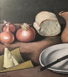 Still life with onions and bread